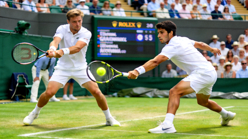 Wimbledon网球公开赛中心球场高清直播画面 - 两位球员在草地上激烈对抗